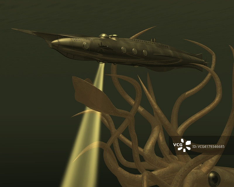 潜艇与巨型鱿鱼，插画，CG，3D，低角度视图图片素材