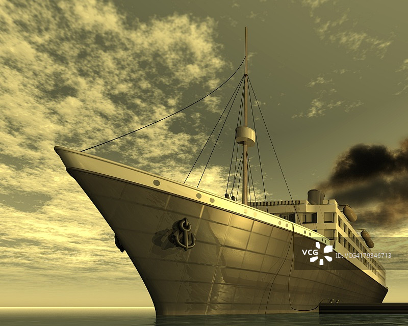 船舶插画，CG，3D，棕褐色，低角度视图图片素材