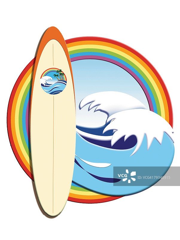 彩虹框架中的冲浪板和海浪绘画插图图片素材