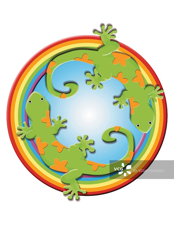 彩虹框中的两只蜥蜴绘画插图图片素材