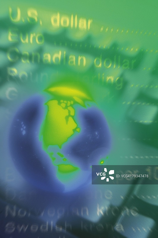 地球仪，周围是绿色的键盘和一些文字（高角度，特写，CG）图片素材