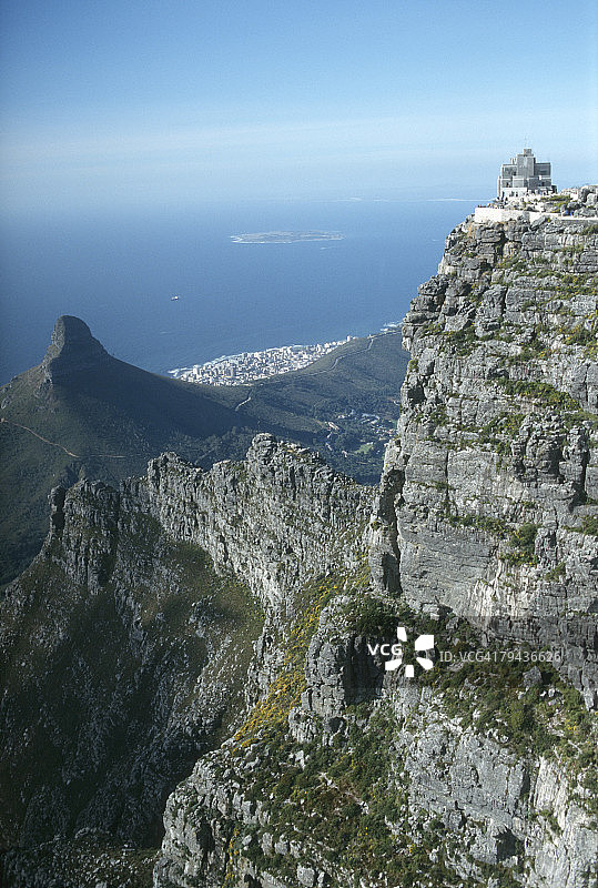 南非西开普省开普敦的西侧支柱、缆车站和远处罗宾岛的景色图片素材