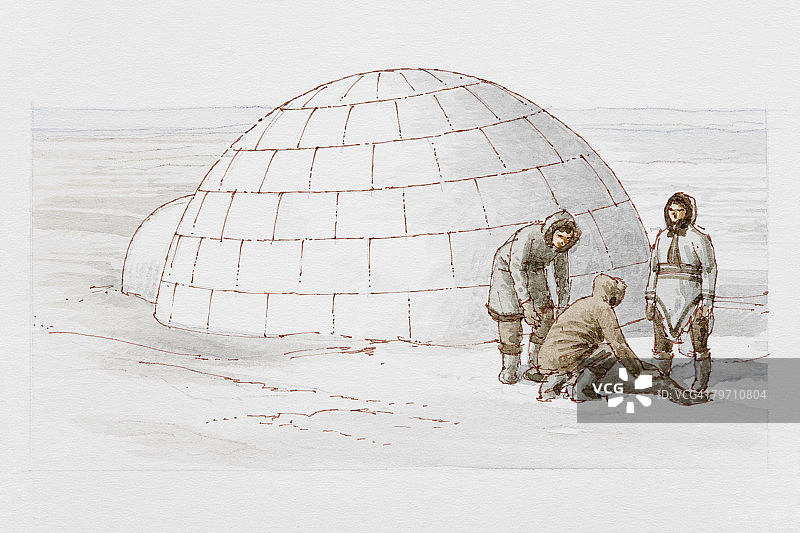 公元前6000年，三个因纽特猎人在冰屋旁图片素材