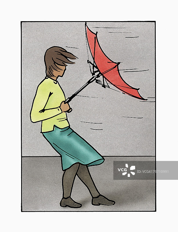 在暴风雨中与伞搏斗的女人图片素材