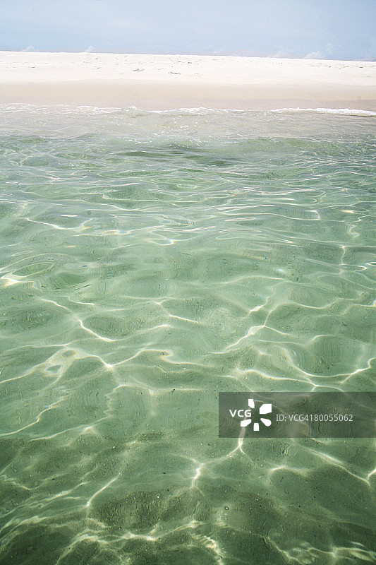 清澈的海水、白色沙滩和蓝色天空图片素材