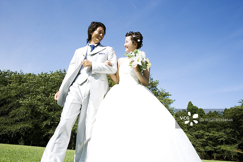 田野里，低角度拍摄的新娘和新郎图片素材