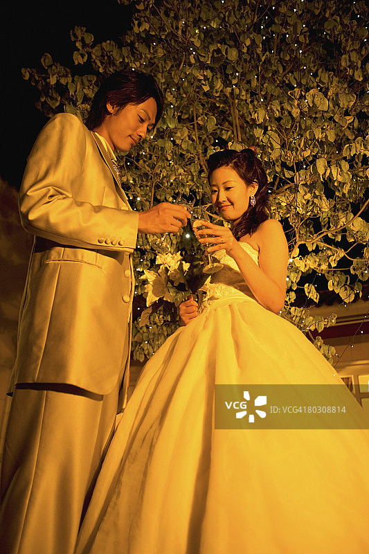 夜晚，花园里放松的新婚夫妇（低角度）图片素材