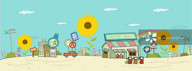 城市街景：加油站、汽车、建筑物和向日葵图片素材