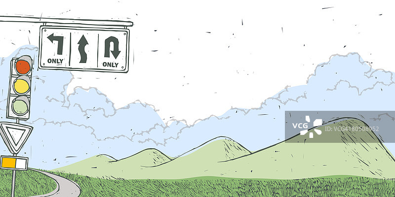 蓝天下交通信号灯、指示牌与山脉图片素材