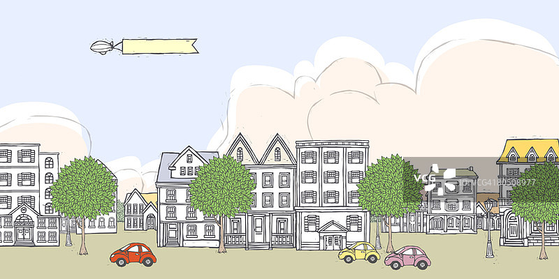 飞机在房屋上空拉着空白banner，道路上有树木和彩色汽车图片素材