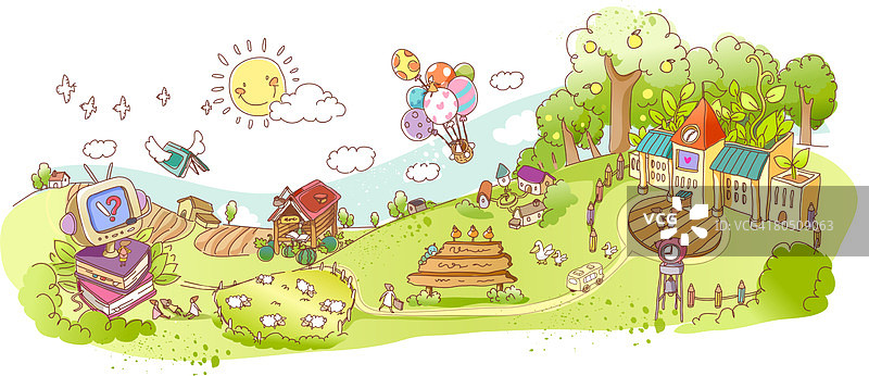 带房屋、气球和绵羊的学校图片素材