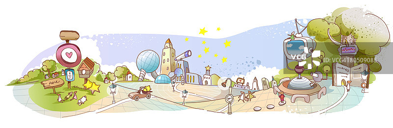 彩色抽象汽车街道建筑插画图片素材