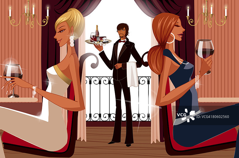 两位女士坐在桌旁，背景中有一位服务员的侧面轮廓图片素材