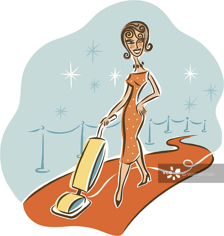 在红地毯上用吸尘器清洁的女性插画图片素材