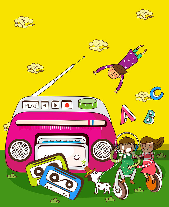 男孩和女孩戴着耳机用卡带播放器听音乐图片素材