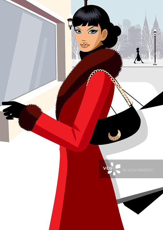 站在商店前的女人的侧面轮廓图片素材