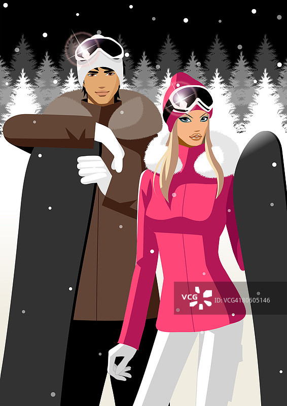 情侣拿着滑雪板图片素材