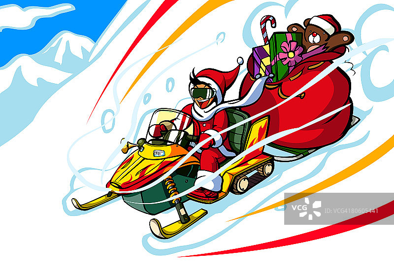 穿着圣诞老人服装骑着雪地摩托带着礼品袋的男人图片素材