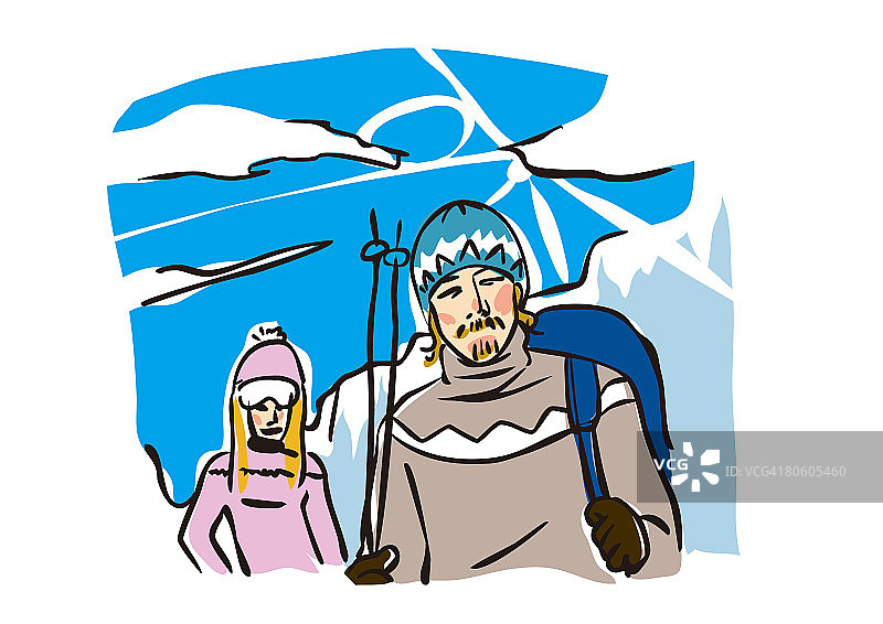 男人拿着滑雪杖，身后站着一个女人图片素材