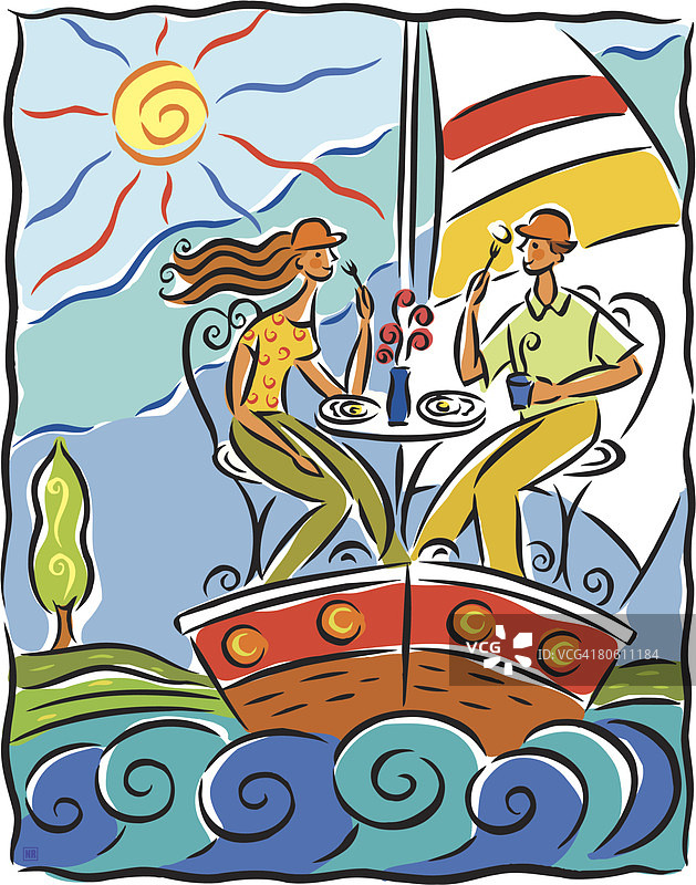 两个朋友在帆船上吃午饭图片素材