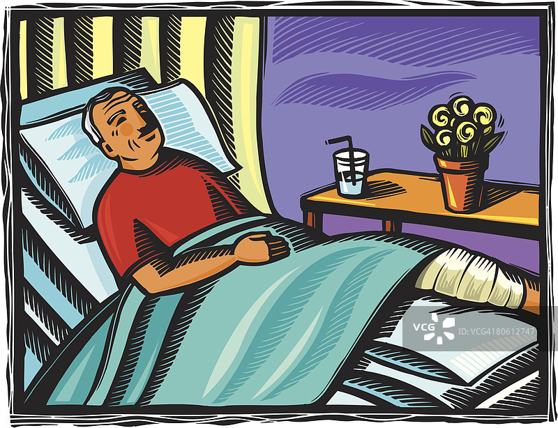 老年男人躺在医院的病床上，腿上打着石膏图片素材