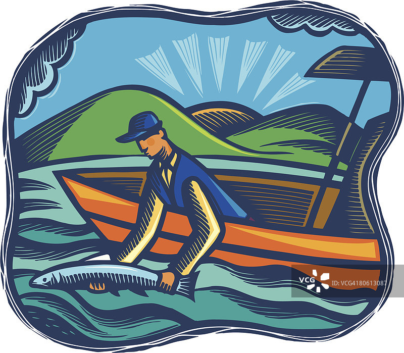 男人将鱼放回水中图片素材