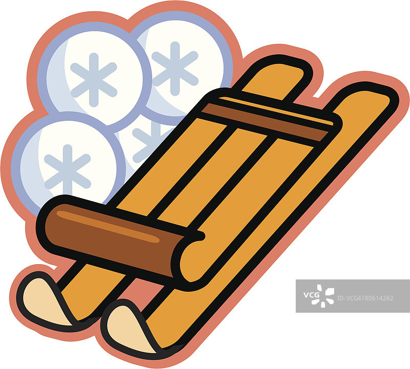 木制雪橇和雪花插画图片素材