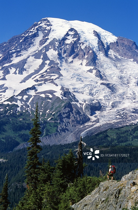 雷尼尔山国家公园的雷尼尔山风光与背包客图片素材