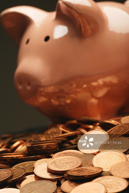 小猪存钱罐和硬币图片素材