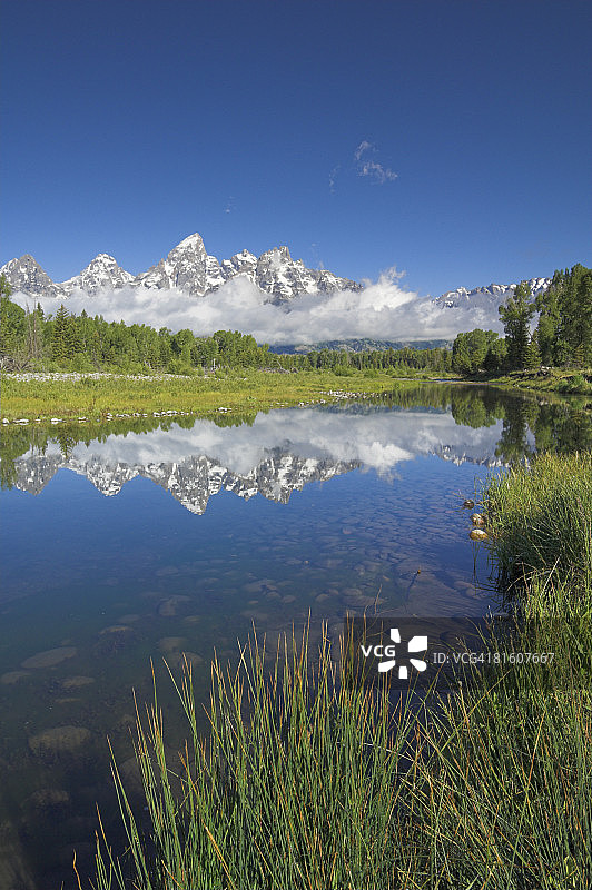 美国怀俄明州大提顿国家公园斯瓦巴彻登陆点蛇河中倒影的山峰群图片素材