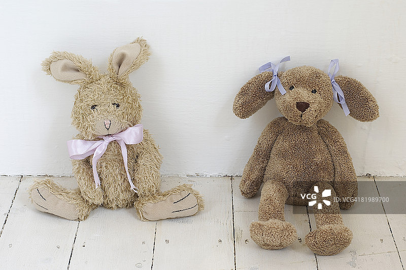 靠墙坐着的玩具兔子和玩具狗图片素材