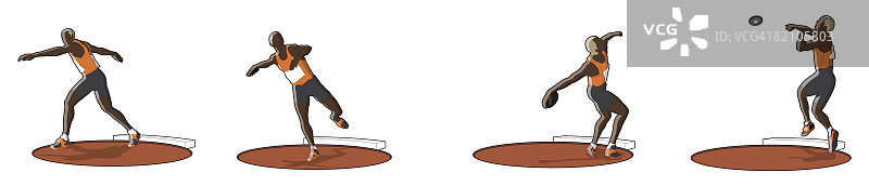 运动员掷铁饼的四个阶段：预备摆动、转圈、释放和随动图片素材