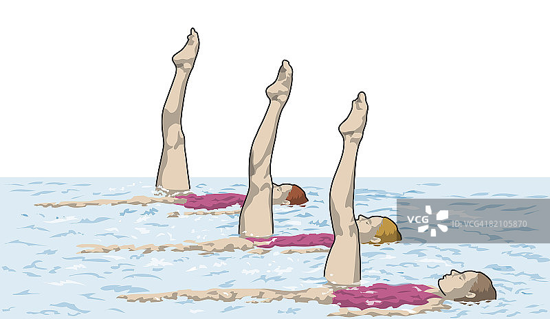 三名游泳者漂浮在水面上，右腿向上伸直图片素材