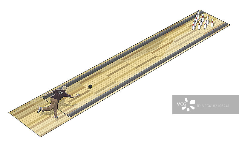 球员在保龄球道上，球向保龄球瓶移动图片素材