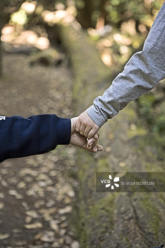 母亲帮助儿子走在红杉木上的原木图片素材