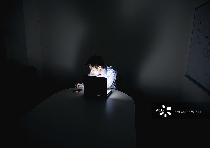 在办公室用笔记本电脑工作到深夜的商人图片素材