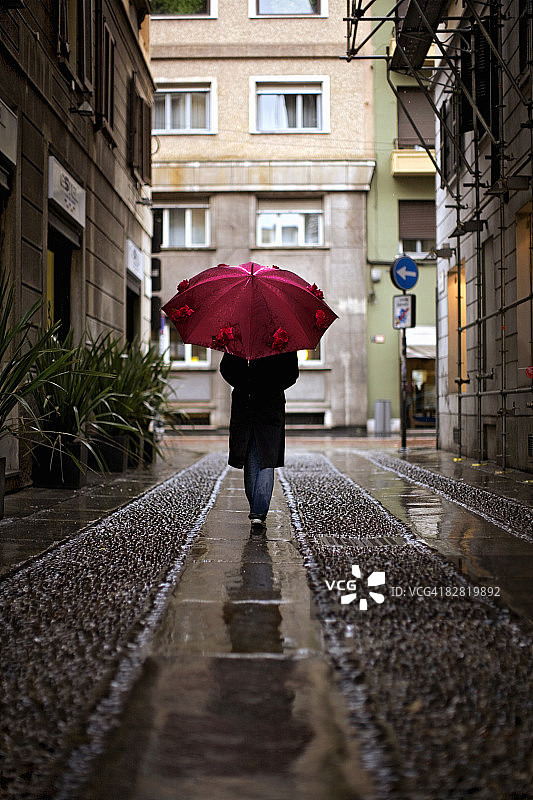 女子在雨中撑伞走在街上图片素材