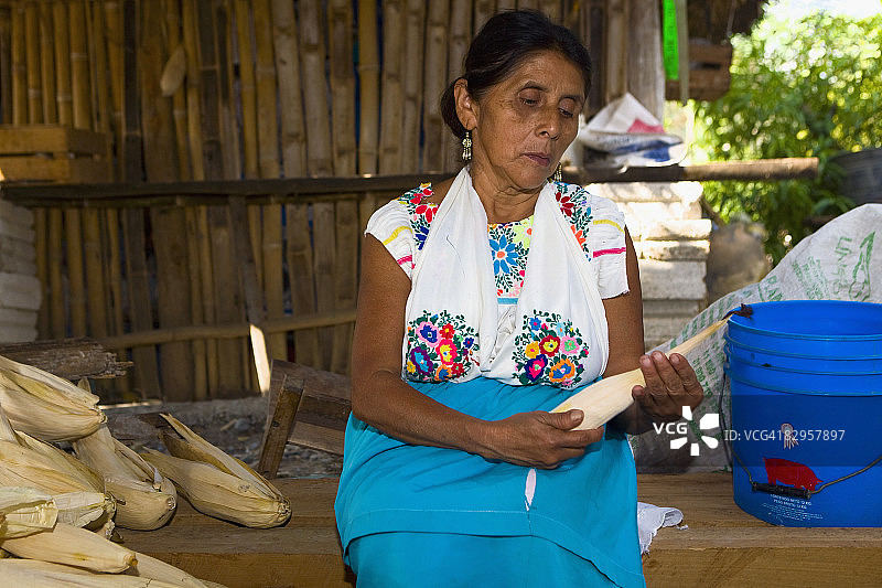 在墨西哥韦拉克鲁斯州帕潘特拉剥玉米的中年妇女图片素材
