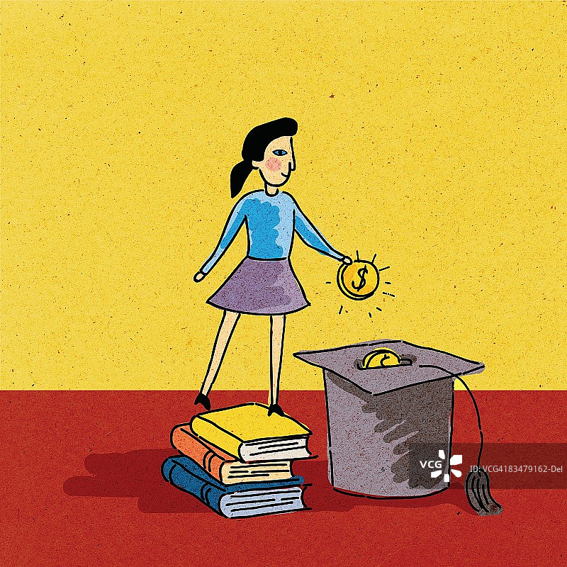 站在书堆上，往毕业帽里放钱的女孩图片素材