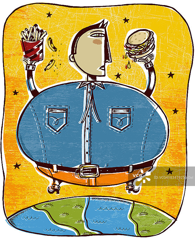 拿着汉堡和薯条漂浮在地球上的胖男人图片素材