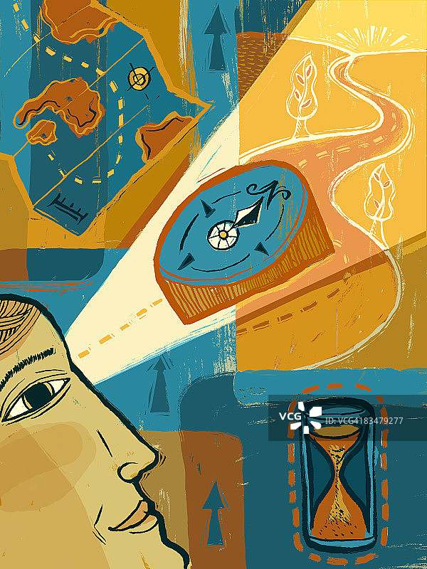 男人看指南针的拼贴画，背景是地图和沙漏图片素材