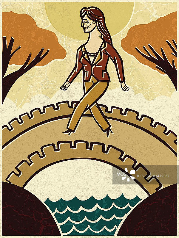 在河上桥梁行走的商务女人图片素材