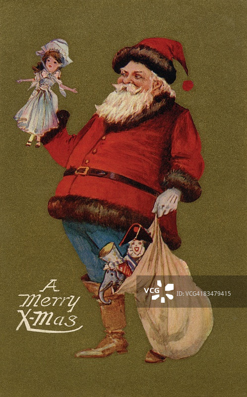 圣诞老人拿着玩偶和一袋礼物的复古圣诞节明信片图片素材