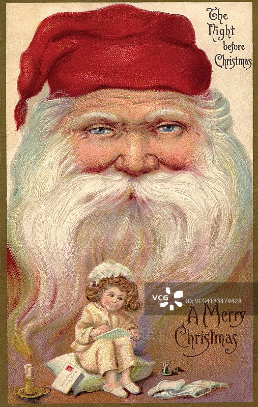 复古圣诞节明信片：小女孩写清单，背景是圣诞老人图片素材