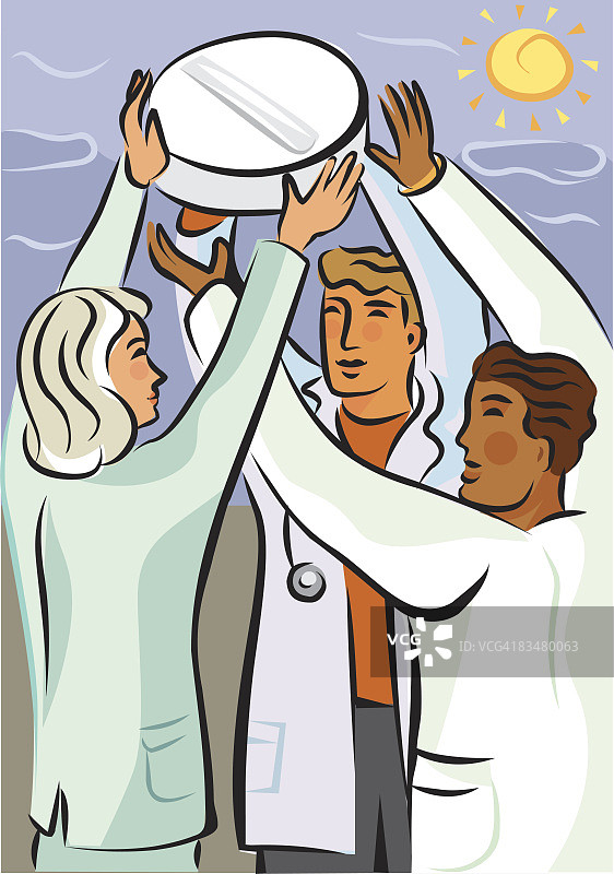 三位医生举着一个巨大的药丸图片素材