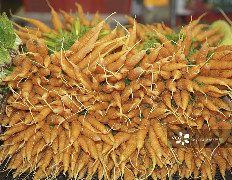 市场摊位上的一堆胡萝卜，特写图片素材