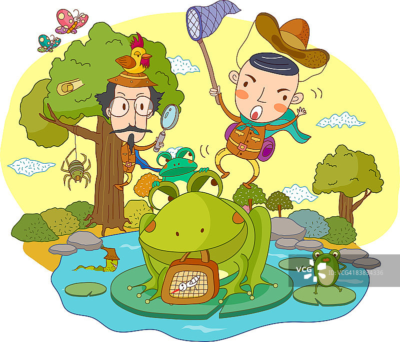 池塘边抓青蛙的人们图片素材