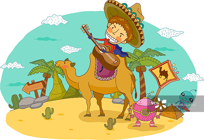 在沙漠中坐在骆驼上弹吉他的男人图片素材