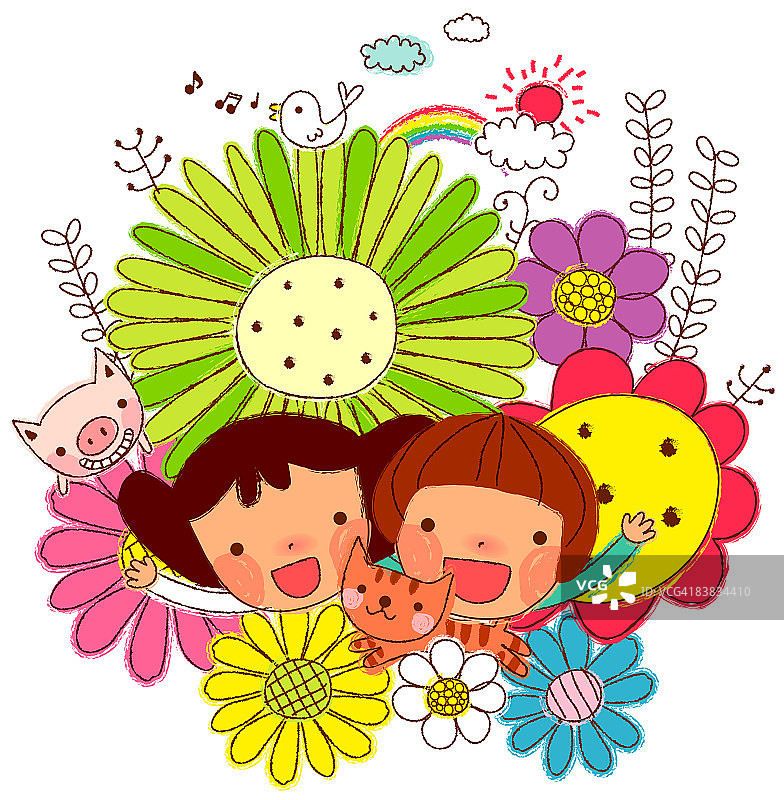 朋友们在鲜花丛中图片素材