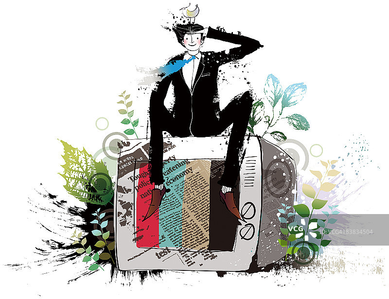 坐在电视机上的商人图片素材